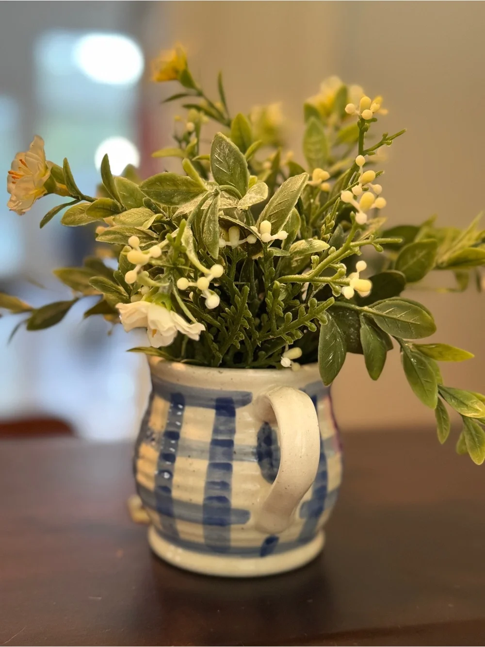 Classic Blue & White Striped Ceramic Handles Planter/Vase With Flowers